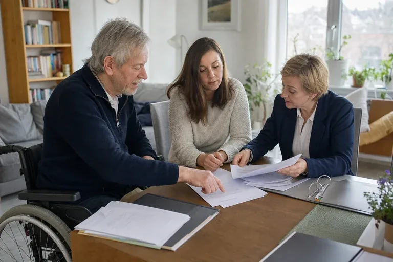 Pflegegrad-Höherstufung – Unterlagen „Pflegegrad-Höherstufung – Unterlagen“: Eine Angehörige und eine pflegebedürftige Person prüfen gemeinsam Pflegeunterlagen an einem Tisch.