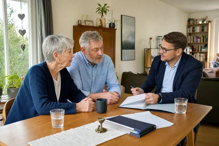 Pflegegrad-Höherstufung – Voraussetzungen „Pflegegrad-Höherstufung – Voraussetzungen“: Eine Angehörige und eine pflegebedürftige Person prüfen gemeinsam Pflegeunterlagen an einem Tisch.