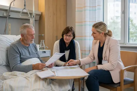 Pflegegrad im Krankenhaus beantragen – Fristen „Pflegegrad im Krankenhaus beantragen – Fristen“: Eine Pflegefachperson bespricht mit einer pflegebedürftigen Person die weitere Versorgung nach einer Behandlung.