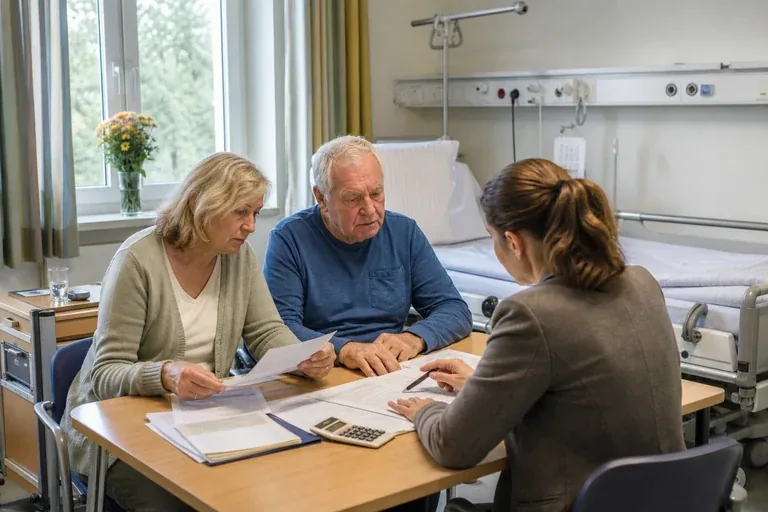 Pflegegrad im Krankenhaus beantragen – Kosten „Pflegegrad im Krankenhaus beantragen – Kosten“: Eine Pflegefachperson bespricht mit einer pflegebedürftigen Person die weitere Versorgung nach einer Behandlung.