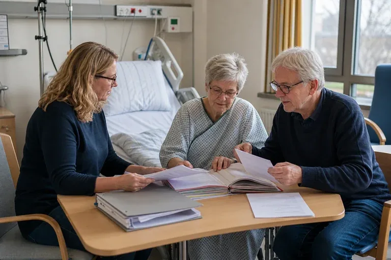 „Pflegegrad im Krankenhaus beantragen – Unterlagen“: Eine Pflegefachperson bespricht mit einer pflegebedürftigen Person die weitere Versorgung nach einer Behandlung.