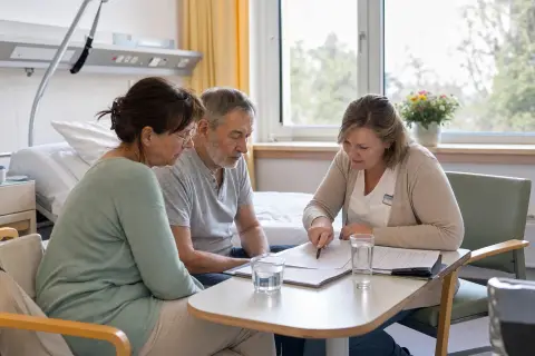 Pflegegrad im Krankenhaus beantragen – Voraussetzungen „Pflegegrad im Krankenhaus beantragen – Voraussetzungen“: Eine Pflegefachperson bespricht mit einer pflegebedürftigen Person die weitere Versorgung nach einer Behandlung.