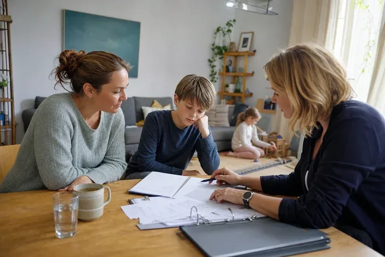 Pflegegrad für ein Kind – Antrag „Pflegegrad für ein Kind – Antrag“: Eltern und eine Fachberaterin besprechen zu Hause die Unterstützung eines pflegebedürftigen Kindes.