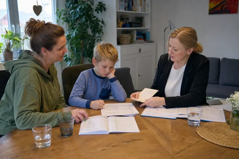 Pflegegrad für ein Kind – Fristen „Pflegegrad für ein Kind – Fristen“: Eltern und eine Fachberaterin besprechen zu Hause die Unterstützung eines pflegebedürftigen Kindes.
