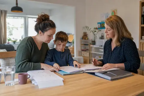 Pflegegrad für ein Kind – Unterlagen „Pflegegrad für ein Kind – Unterlagen“: Eltern und eine Fachberaterin besprechen zu Hause die Unterstützung eines pflegebedürftigen Kindes.