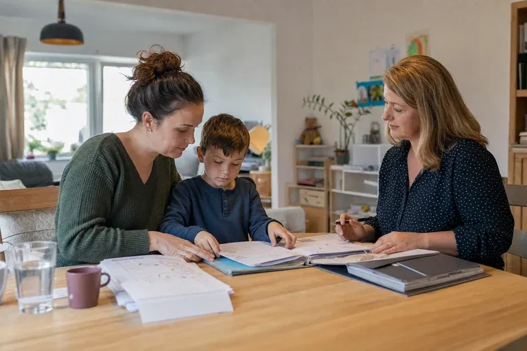 „Pflegegrad für ein Kind – Unterlagen“: Eltern und eine Fachberaterin besprechen zu Hause die Unterstützung eines pflegebedürftigen Kindes.