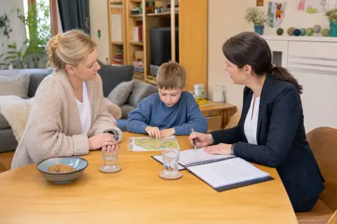 Pflegegrad für ein Kind – Voraussetzungen „Pflegegrad für ein Kind – Voraussetzungen“: Eltern und eine Fachberaterin besprechen zu Hause die Unterstützung eines pflegebedürftigen Kindes.