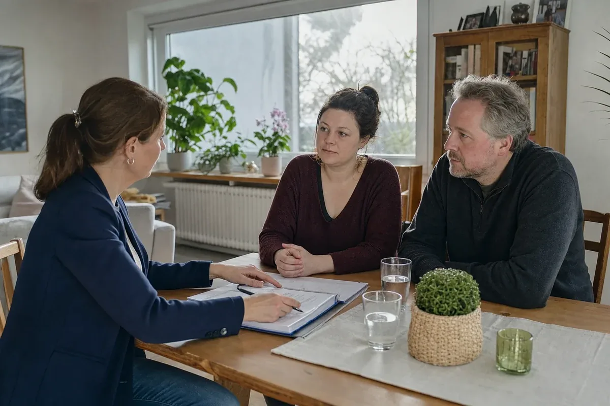 Pflegegrad bei psychischer Erkrankung – Voraussetzungen „Pflegegrad bei psychischer Erkrankung – Voraussetzungen“: Eine Angehörige und eine pflegebedürftige Person prüfen gemeinsam Pflegeunterlagen an einem Tisch.