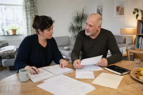 Pflegegrad bei psychischer Erkrankung – Fristen „Pflegegrad bei psychischer Erkrankung – Fristen“: Eine Angehörige und eine pflegebedürftige Person prüfen gemeinsam Pflegeunterlagen an einem Tisch.