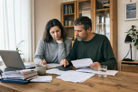 Pflegegrad bei psychischer Erkrankung – Kosten „Pflegegrad bei psychischer Erkrankung – Kosten“: Eine Angehörige und eine pflegebedürftige Person prüfen gemeinsam Pflegeunterlagen an einem Tisch.