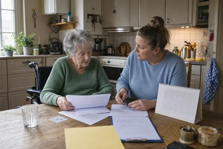 Pflegegutachten prüfen – Fristen „Pflegegutachten prüfen – Fristen“: Eine Angehörige und eine pflegebedürftige Person prüfen gemeinsam Pflegeunterlagen an einem Tisch.
