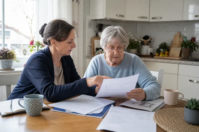 Pflegegutachten verstehen und mit dem Bescheid vergleichen „Pflegegutachten verstehen und mit dem Bescheid vergleichen“: Eine Angehörige und eine pflegebedürftige Person prüfen gemeinsam Pflegeunterlagen an einem Tisch.