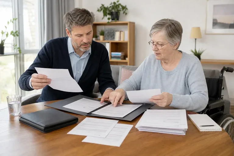 Einrichtungseinheitlicher Eigenanteil – Unterlagen „Einrichtungseinheitlicher Eigenanteil – Unterlagen“: Angehörige und eine ältere Person vergleichen Unterlagen zur stationären Pflege und deren Finanzierung.
