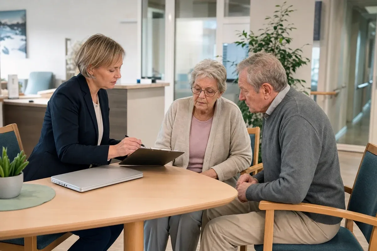Investitionskosten im Pflegeheim – Voraussetzungen „Investitionskosten im Pflegeheim – Voraussetzungen“: Angehörige und eine ältere Person vergleichen Unterlagen zur stationären Pflege und deren Finanzierung.
