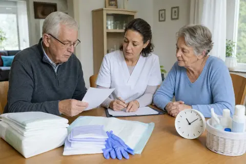 „Pflegehilfsmittel zum Verbrauch – Fristen“: Eine Pflegefachperson berät eine pflegebedürftige Person zu einem Hilfsmittel für den Alltag zu Hause.
