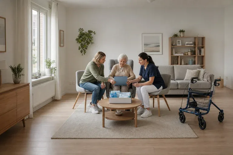 Pflegehilfsmittel zum Verbrauch – Unterlagen „Pflegehilfsmittel zum Verbrauch – Unterlagen“: Eine Pflegefachperson berät eine pflegebedürftige Person zu einem Hilfsmittel für den Alltag zu Hause.