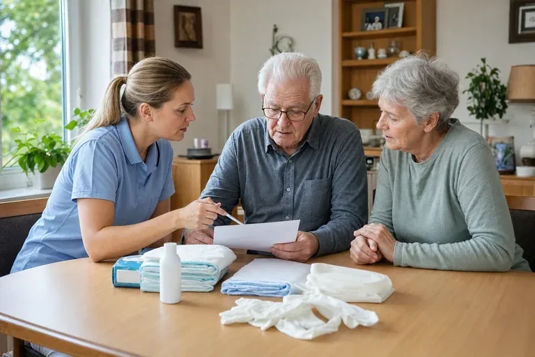 Pflegehilfsmittel zum Verbrauch – Voraussetzungen „Pflegehilfsmittel zum Verbrauch – Voraussetzungen“: Eine Pflegefachperson berät eine pflegebedürftige Person zu einem Hilfsmittel für den Alltag zu Hause.