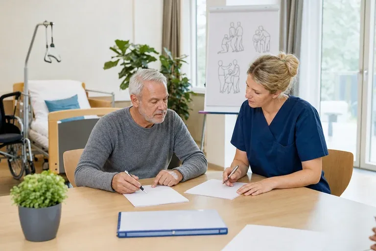 Pflegekurs für Angehörige – Antrag „Pflegekurs für Angehörige – Antrag“: Eine Angehörige und eine pflegebedürftige Person prüfen gemeinsam Pflegeunterlagen an einem Tisch.