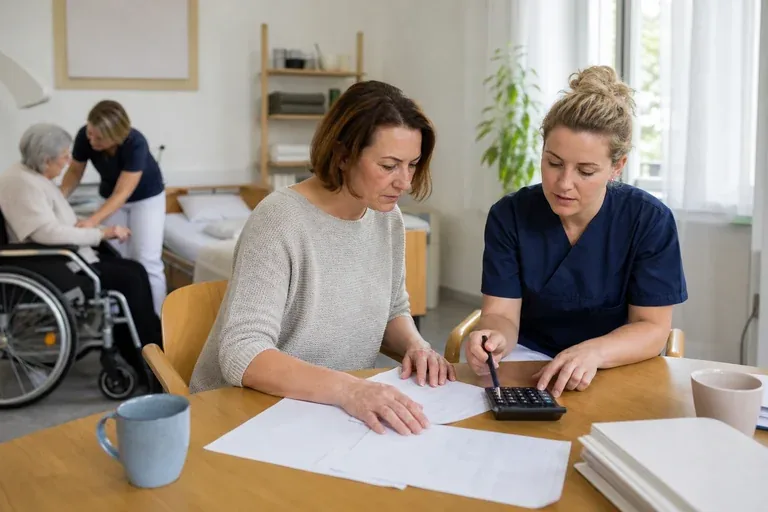Pflegekurs für Angehörige – Kosten „Pflegekurs für Angehörige – Kosten“: Eine Angehörige und eine pflegebedürftige Person prüfen gemeinsam Pflegeunterlagen an einem Tisch.