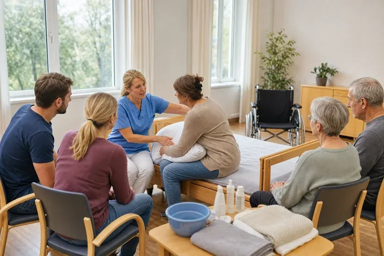 „Pflegekurs nutzen und Pflege in der Familie organisieren“: Angehörige und eine pflegebedürftige Person besprechen gemeinsam die Organisation des Pflegealltags.
