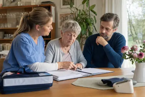 Pflegesachleistungen 2026: Budget für ambulante Pflege „Pflegesachleistungen 2026: Budget für ambulante Pflege“: Angehörige und eine pflegebedürftige Person besprechen gemeinsam die Organisation des Pflegealltags.