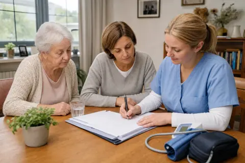 Ambulante Pflegesachleistungen – Antrag „Ambulante Pflegesachleistungen – Antrag“: Eine Angehörige und eine pflegebedürftige Person prüfen gemeinsam Pflegeunterlagen an einem Tisch.