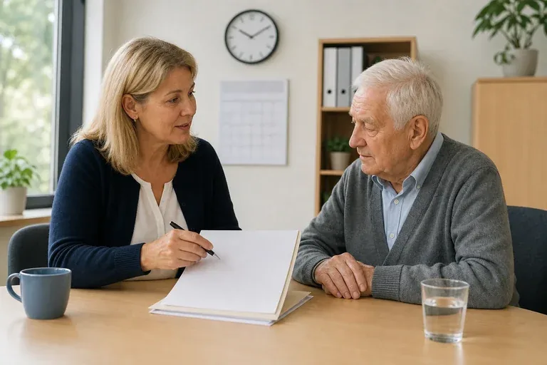 Pflegestützpunkt – Fristen „Pflegestützpunkt – Fristen“: Eine Angehörige und eine pflegebedürftige Person prüfen gemeinsam Pflegeunterlagen an einem Tisch.