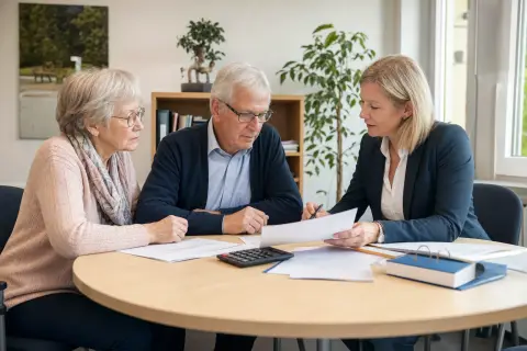 „Pflegestützpunkt – Kosten“: Eine Angehörige und eine pflegebedürftige Person prüfen gemeinsam Pflegeunterlagen an einem Tisch.
