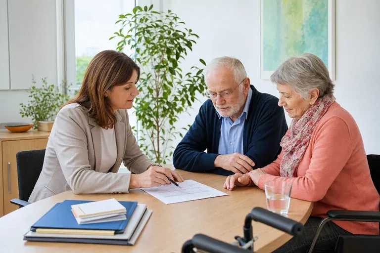 Pflegestützpunkt – Voraussetzungen „Pflegestützpunkt – Voraussetzungen“: Eine Angehörige und eine pflegebedürftige Person prüfen gemeinsam Pflegeunterlagen an einem Tisch.