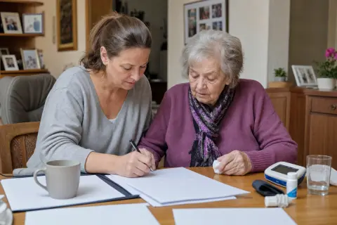Pflegetagebuch für die Begutachtung – Antrag „Pflegetagebuch für die Begutachtung – Antrag“: Eine Angehörige und eine pflegebedürftige Person prüfen gemeinsam Pflegeunterlagen an einem Tisch.