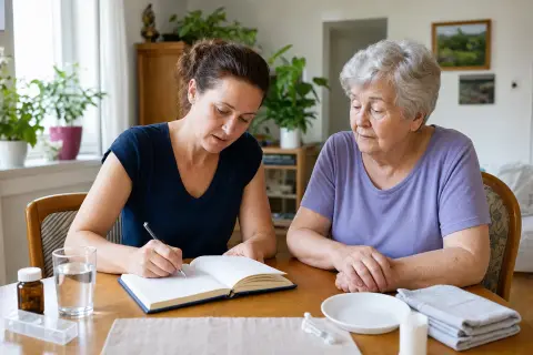 Pflegetagebuch führen: Alltag statt Diagnosen dokumentieren „Pflegetagebuch führen: Alltag statt Diagnosen dokumentieren“: Angehörige und eine pflegebedürftige Person besprechen gemeinsam die Organisation des Pflegealltags.