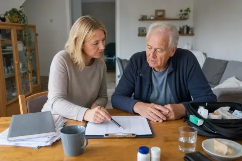 Pflegeunterstützungsgeld – Voraussetzungen „Pflegeunterstützungsgeld – Voraussetzungen“: Eine pflegende Angehörige prüft Unterlagen zur Vereinbarkeit von Beruf, Absicherung und Pflege.