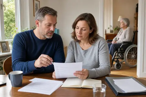 Arbeitszeit wegen Pflege reduzieren – Voraussetzungen „Arbeitszeit wegen Pflege reduzieren – Voraussetzungen“: Eine Angehörige und eine pflegebedürftige Person prüfen gemeinsam Pflegeunterlagen an einem Tisch.