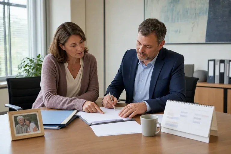 Pflegezeit – Antrag „Pflegezeit – Antrag“: Eine pflegende Angehörige prüft Unterlagen zur Vereinbarkeit von Beruf, Absicherung und Pflege.