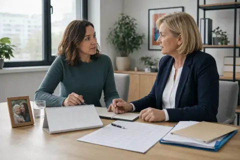 „Pflegezeit: Bis zu sechs Monate Freistellung planen“: Eine pflegende Angehörige prüft Unterlagen zur Vereinbarkeit von Beruf, Absicherung und Pflege.