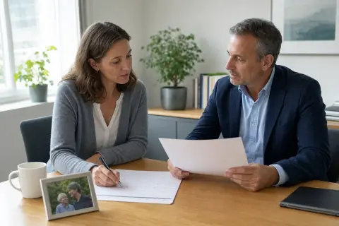 „Pflegezeit – Fristen“: Eine pflegende Angehörige prüft Unterlagen zur Vereinbarkeit von Beruf, Absicherung und Pflege.