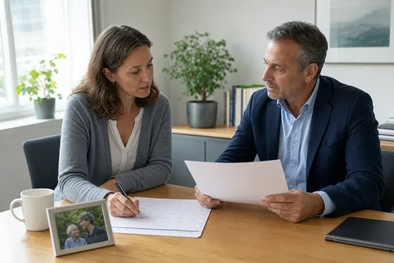 „Pflegezeit – Fristen“: Eine pflegende Angehörige prüft Unterlagen zur Vereinbarkeit von Beruf, Absicherung und Pflege.