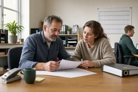 Pflegezeit im Kleinbetrieb – Antrag „Pflegezeit im Kleinbetrieb – Antrag“: Eine pflegende Angehörige prüft Unterlagen zur Vereinbarkeit von Beruf, Absicherung und Pflege.