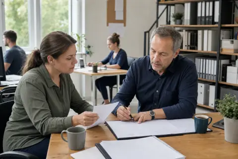 Pflegezeit im Kleinbetrieb – Fristen „Pflegezeit im Kleinbetrieb – Fristen“: Eine pflegende Angehörige prüft Unterlagen zur Vereinbarkeit von Beruf, Absicherung und Pflege.