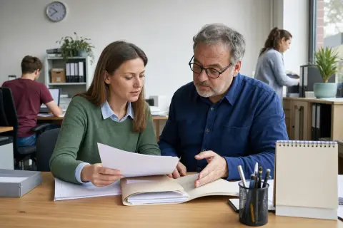 Pflegezeit im Kleinbetrieb – Unterlagen „Pflegezeit im Kleinbetrieb – Unterlagen“: Eine pflegende Angehörige prüft Unterlagen zur Vereinbarkeit von Beruf, Absicherung und Pflege.