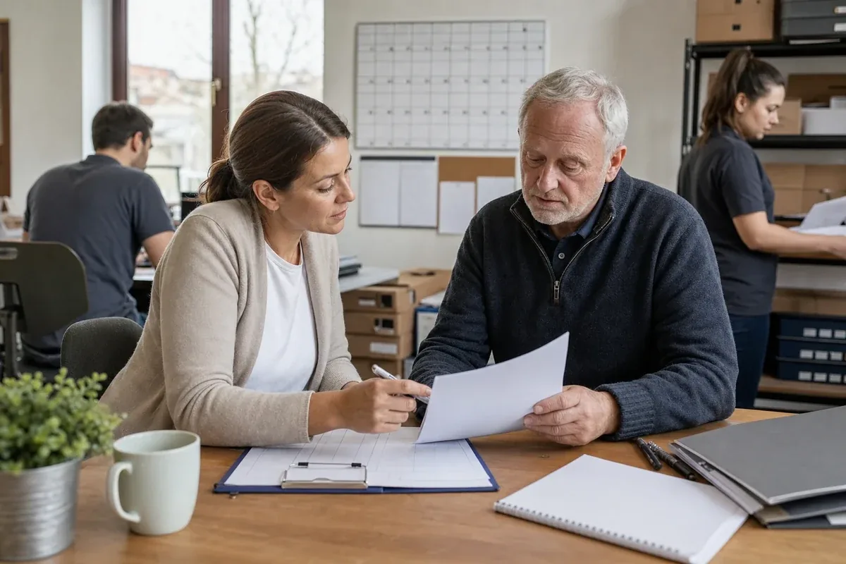 Pflegezeit im Kleinbetrieb – Voraussetzungen „Pflegezeit im Kleinbetrieb – Voraussetzungen“: Eine pflegende Angehörige prüft Unterlagen zur Vereinbarkeit von Beruf, Absicherung und Pflege.