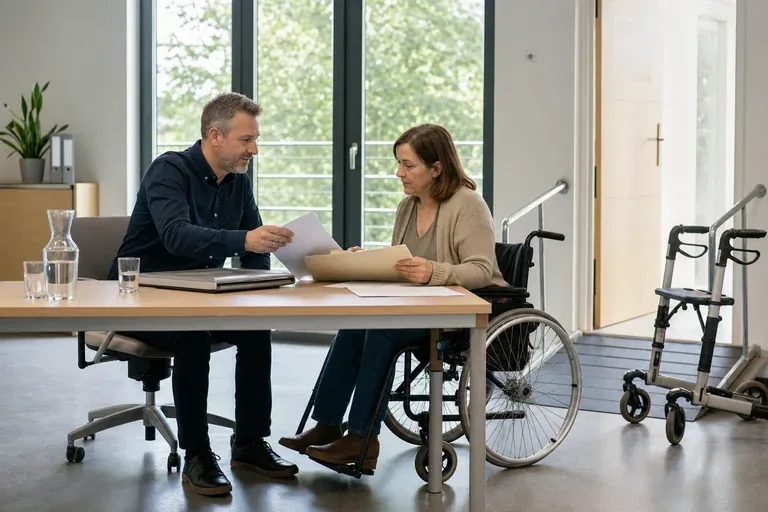 „Pflegezeit – Unterlagen“: Eine pflegende Angehörige prüft Unterlagen zur Vereinbarkeit von Beruf, Absicherung und Pflege.