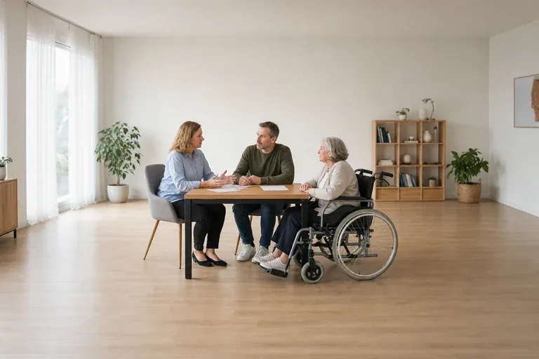 Pflegezeit – Voraussetzungen „Pflegezeit – Voraussetzungen“: Eine pflegende Angehörige prüft Unterlagen zur Vereinbarkeit von Beruf, Absicherung und Pflege.