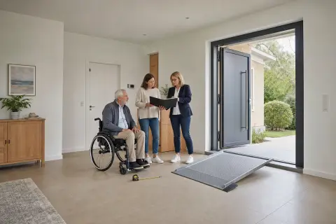 „Rampe und Türverbreiterung – Antrag“: Eine Angehörige und eine pflegebedürftige Person prüfen gemeinsam Pflegeunterlagen an einem Tisch.
