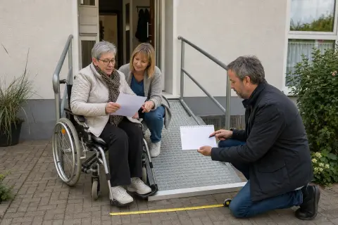 „Rampe und Türverbreiterung – Fristen“: Eine Angehörige und eine pflegebedürftige Person prüfen gemeinsam Pflegeunterlagen an einem Tisch.