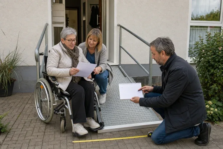 Rampe und Türverbreiterung – Fristen „Rampe und Türverbreiterung – Fristen“: Eine Angehörige und eine pflegebedürftige Person prüfen gemeinsam Pflegeunterlagen an einem Tisch.