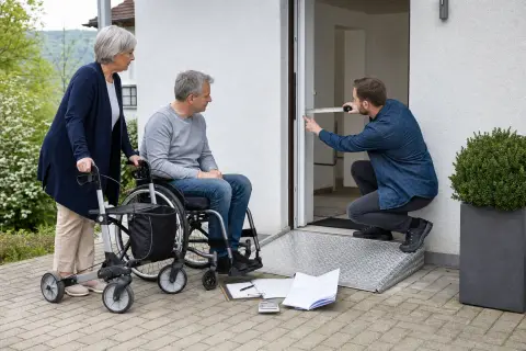„Rampe und Türverbreiterung – Kosten“: Eine Angehörige und eine pflegebedürftige Person prüfen gemeinsam Pflegeunterlagen an einem Tisch.