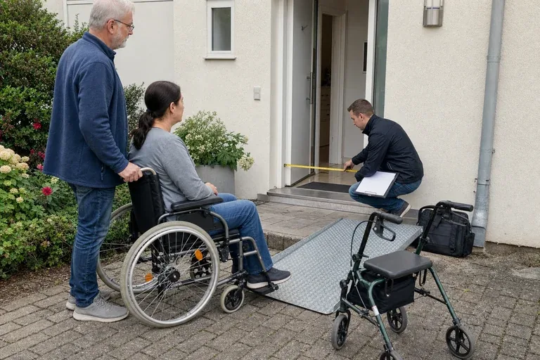 „Rampe und Türverbreiterung – Voraussetzungen“: Eine Angehörige und eine pflegebedürftige Person prüfen gemeinsam Pflegeunterlagen an einem Tisch.
