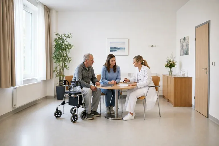 Rehabilitation nach Krankenhaus – Antrag „Rehabilitation nach Krankenhaus – Antrag“: Eine Pflegefachperson bespricht mit einer pflegebedürftigen Person die weitere Versorgung nach einer Behandlung.