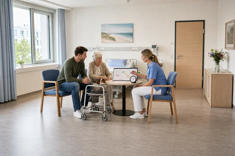 Rehabilitation nach Krankenhaus – Fristen „Rehabilitation nach Krankenhaus – Fristen“: Eine Pflegefachperson bespricht mit einer pflegebedürftigen Person die weitere Versorgung nach einer Behandlung.